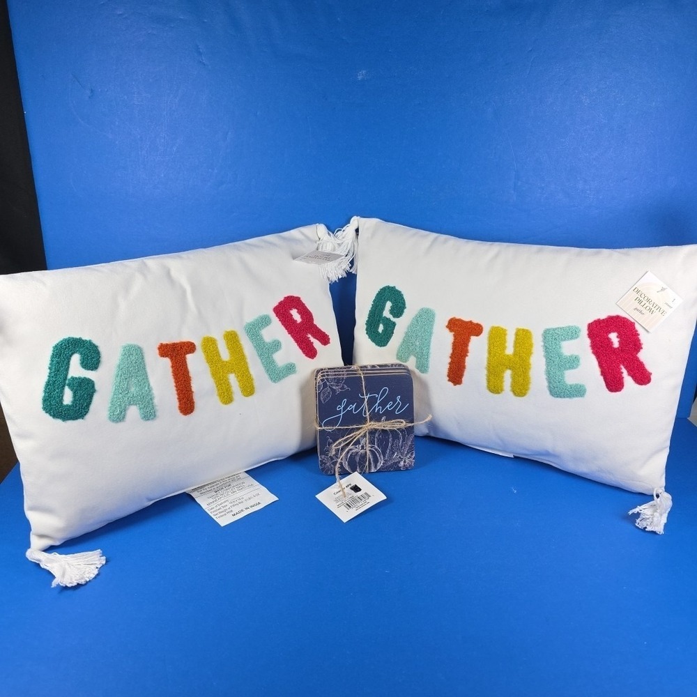 2 GATHER 10" x 14" Pillow and Blue Gather Coasters set of 4